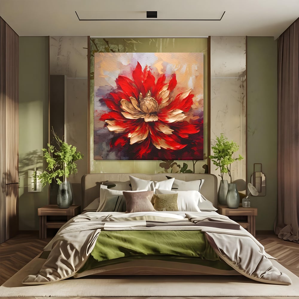Tablou canvas cu pictura cu o floare rosie si aurie in relief, fara rama, pe sasiu de lemn, pe perete intr-un dormitor